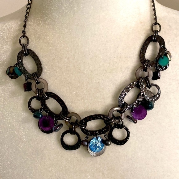Edgy Gunmetal Hammered Textured Loop Linked Chain Necklace Purple Teal Vintage - Picture 7 of 16